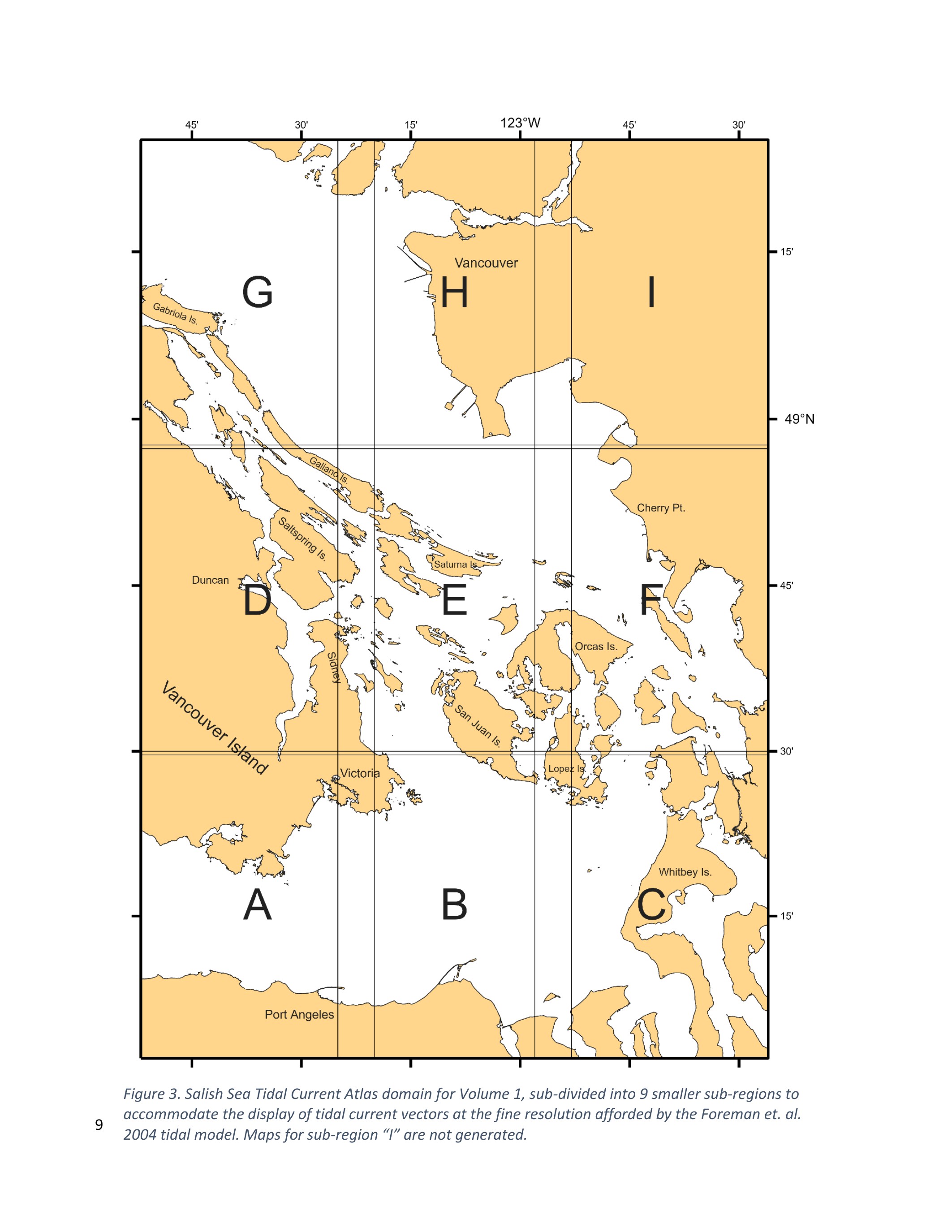 Salish Sea Tidal Current Atlas subregion map showing regions A through I